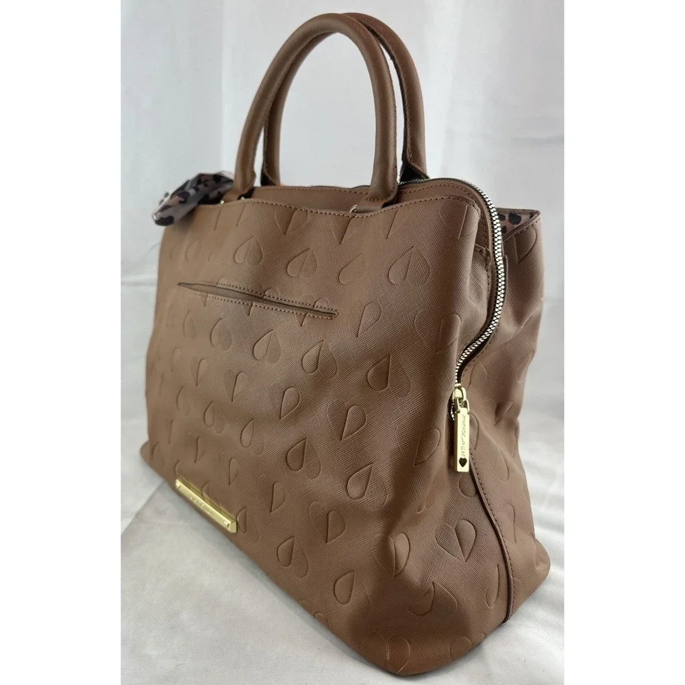 Betsey Johnson Heart Embossed Brown Triple‎ Compartment Large Satchel Purse Tote